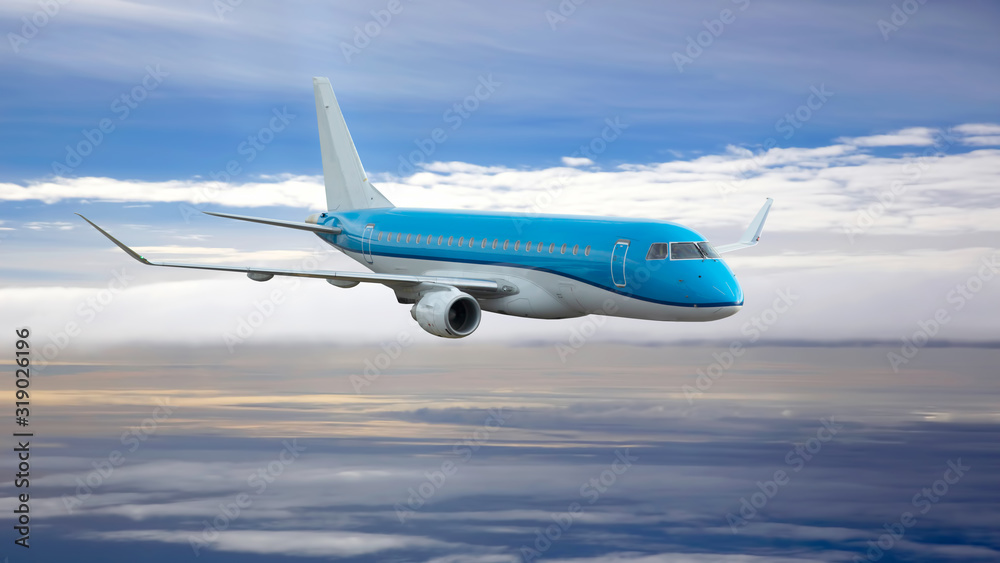 Fototapeta premium passenger plane flies in the sky against a background of white clouds. transport aviation