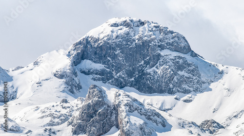 Snow peaks at Peaks of Europe from Covadonga lakes