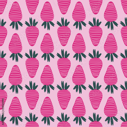 Seamless pattern of delicious chocolate covered strawberries on a pink background.