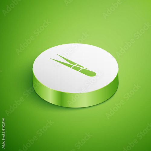 Isometric Eyebrow tweezers icon isolated on green background. Cosmetic tweezers for ingrown hair. White circle button. Vector Illustration