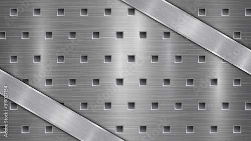 Background in gray colors, consisting of a metallic perforated surface with holes and two polished plates with metal texture, glares and shiny edges