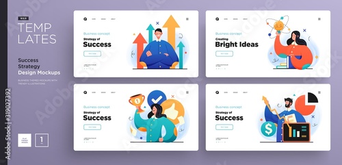 Website template designs. Web page layouts with modern business illustrations. Success, leadership, strategy research and motivation concepts. Vector