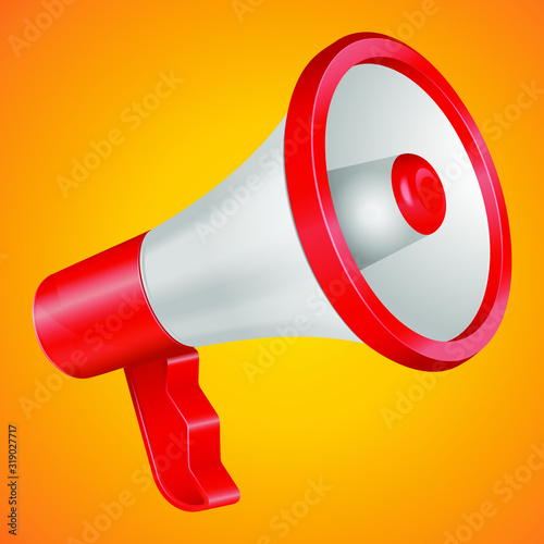 Attention please. Colorful 3d megaphone scream very loud to your costumers. Red and white plastic. 