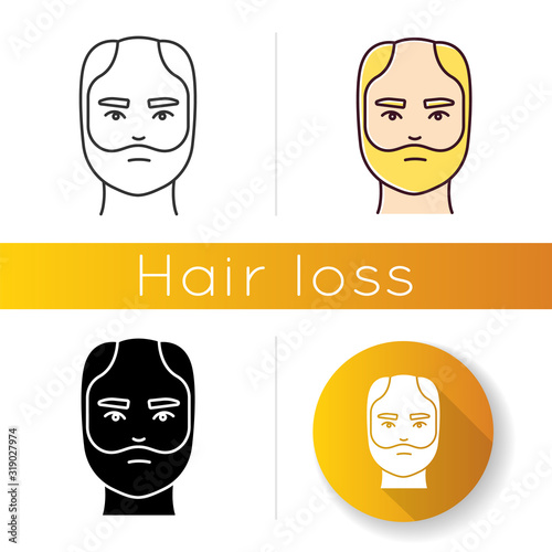 Male hairloss icon. Linear black and RGB color styles. Man with alopecia. Hairloss problem. Baldness. Dermatology and haircare treatment. Thinning hairline. Falling hair. Isolated vector illustrations