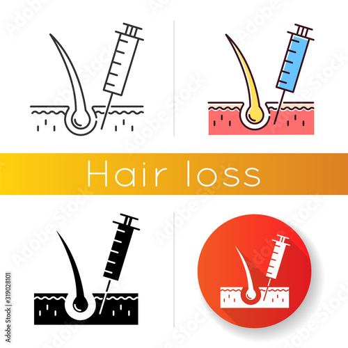 Hairloss injection icon. Professional alopecia treatment. Medical therapy for baldness. Haircare and dermatology. Vaccine in syringe. Linear black and RGB color styles. Isolated vector illustrations