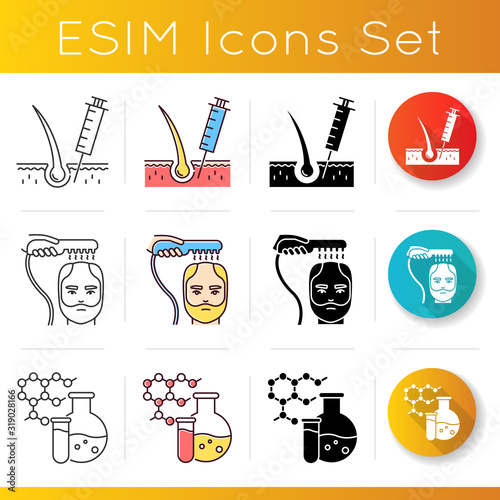 Hair loss icons set. Alopecia treatment. Hairloss injection. Laser therapy. Chemistry, medicine. Dermatology and healthcare. Linear, black and RGB color styles. Isolated vector illustrations