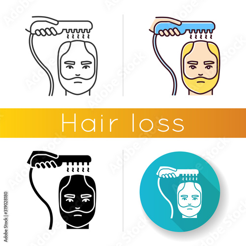 Alopecia treatment icon. Laser therapy for hair loss problem. Professional dermatology aid, medical procedure. Hair rejuvenation. Linear black and RGB color styles. Isolated vector illustrations