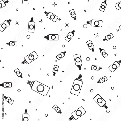 Black line Spray can for air freshener, hairspray, deodorant, antiperspirant icon isolated seamless pattern on white background. Vector Illustration