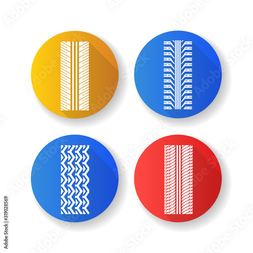 Tire textures flat design long shadow glyph icons set. Detailed automobile, motorcycle, bike tyre marks. Car summer and winter wheel trace. Vehicle tire trail. Silhouette RGB color illustration