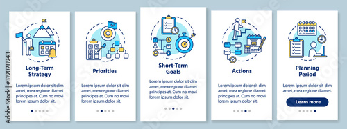 Building goals onboarding mobile app page screen with concepts. Business planning. Self-development walkthrough 5 steps graphic instructions. UI vector template with RGB color illustrations