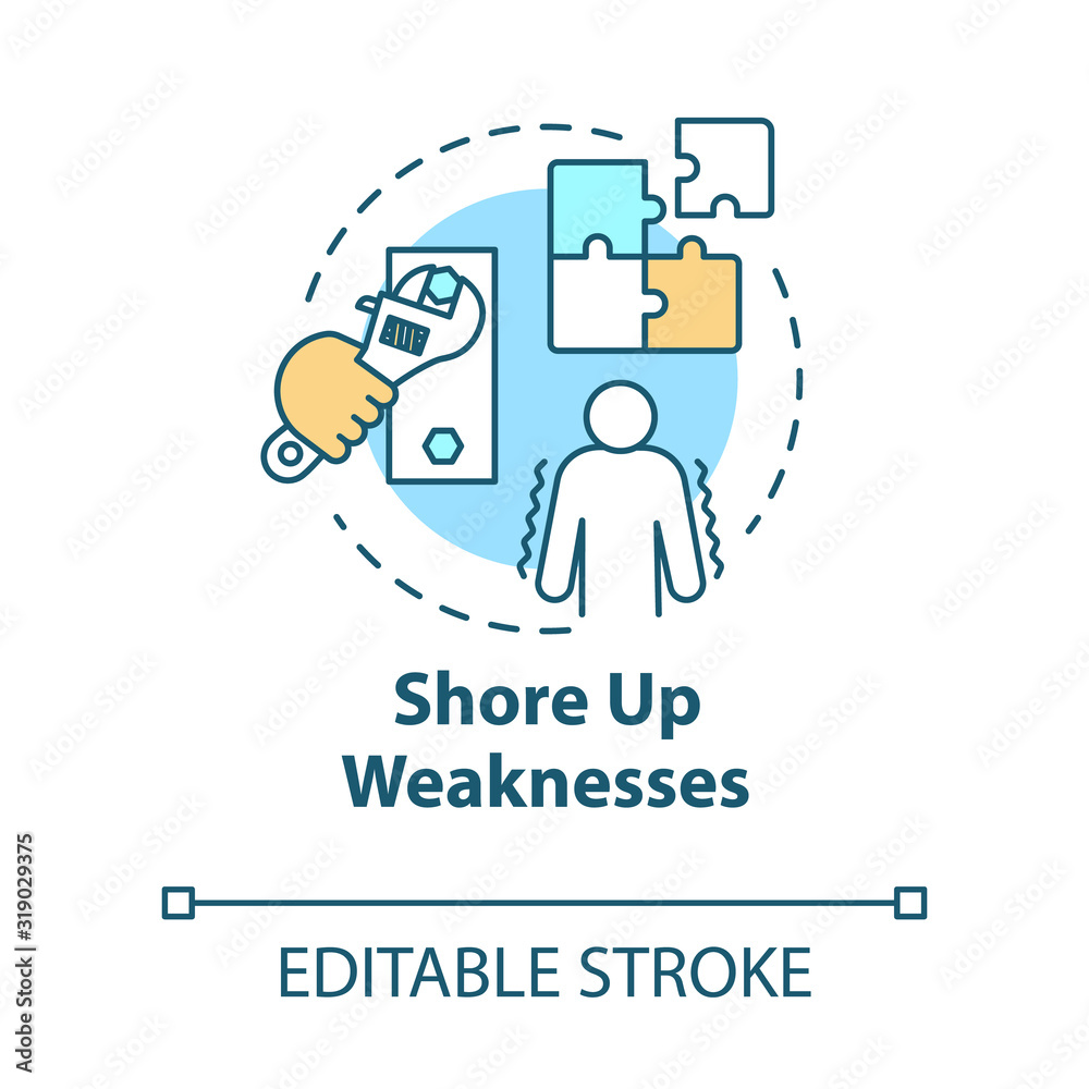 Shore up weaknesses concept icon. Goal planning. Development and improvement. SWOT strategy. Self-building idea thin line illustration. Vector isolated outline RGB color drawing. Editable stroke Shore up weaknesses concept icon. Goal planning. Development and improvement. SWOT strategy. Self-building idea thin line illustration. Vector isolated outline RGB color drawing. Editable stroke