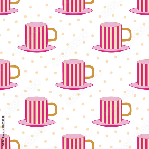 Seamless pattern of striped teacups on a cute polka dot background, perfect for an afternoon tea party.