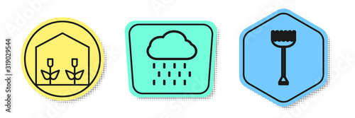 Set line Home greenhouse and plants, Cloud with rain and Garden rake. Colored shapes. Vector