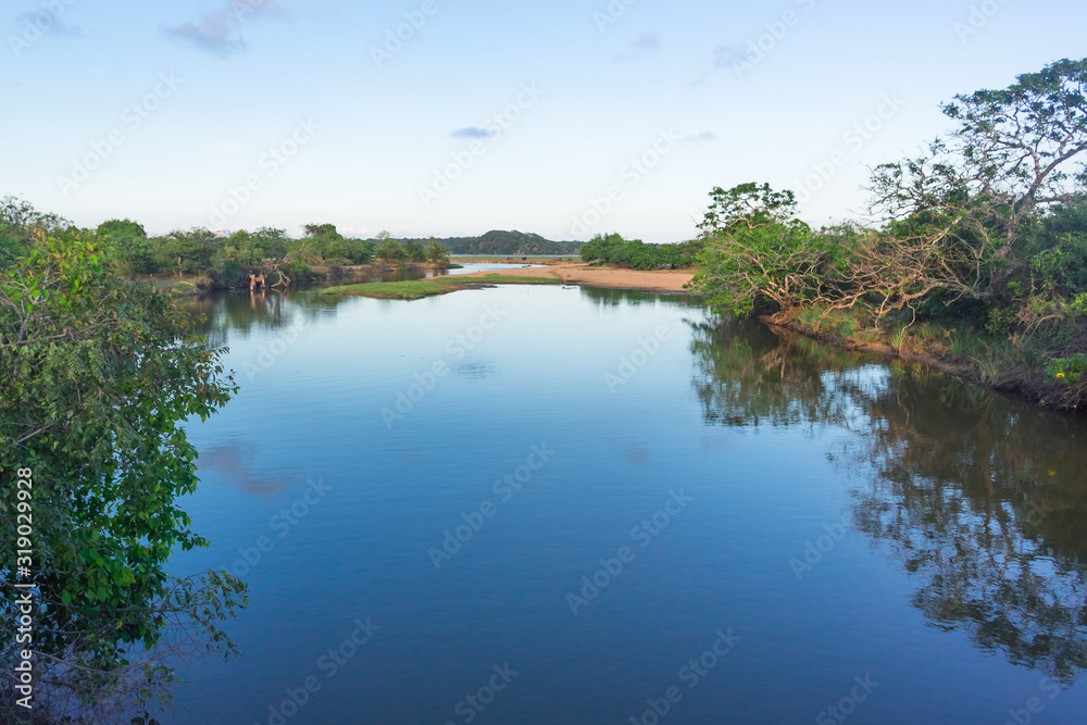 A summer landscape. A river flows through a green valley. Clouds are reflected in the water. Sri Lanka, Kumana National Park.