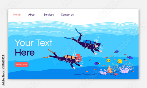 Scuba diving landing page vector template. Couple swimming underwater. Indonesia tourism website interface idea with flat illustrations. Homepage layout. Web banner, webpage cartoon concept