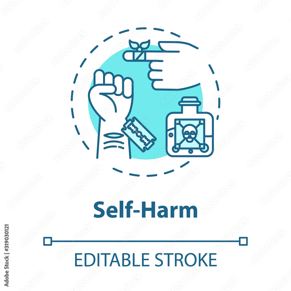 Self harm concept icon. Masochism. Self-injury and substance abuse. Personality disorder. Mental illness idea thin line illustration. Vector isolated outline RGB color drawing. Editable stroke