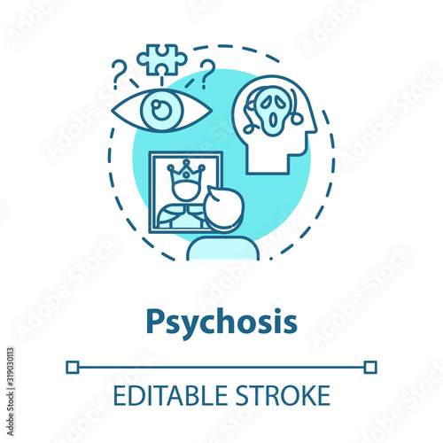 Psychosis concept icon. Psychic disorder. Psychopathy, insanity. Uncontrollable fear, depression. Mental illness idea thin line illustration. Vector isolated outline RGB color drawing. Editable stroke