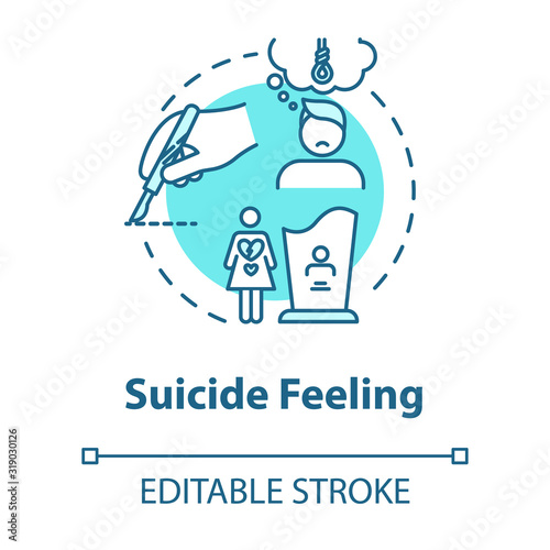 Suicide feeling concept icon. Suicidal ideation. Mental disorder, depression. Health care. Psychiatric illness idea thin line illustration. Vector isolated outline RGB color drawing. Editable stroke