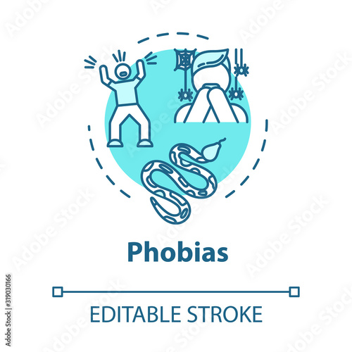 Phobias concept icon. Irrational fear reaction. Arachnophobia, herpetophobia. Mental disorder. Psychiatry idea thin line illustration. Vector isolated outline RGB color drawing. Editable stroke
