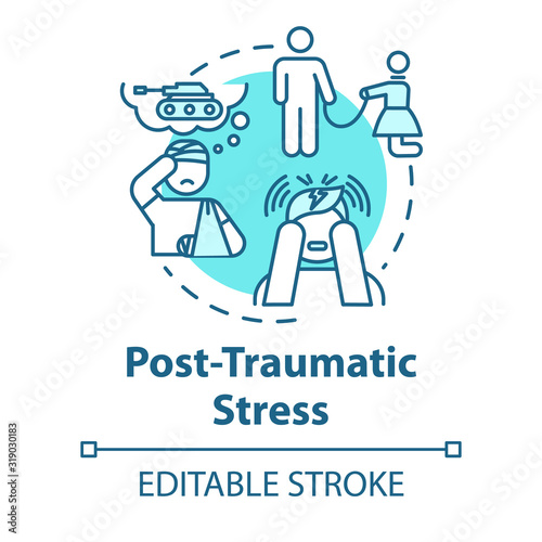 Post traumatic stress concept icon. PTSD. Horrifying memories. Mental illness. Psychology, psychiatry idea thin line illustration. Vector isolated outline RGB color drawing. Editable stroke