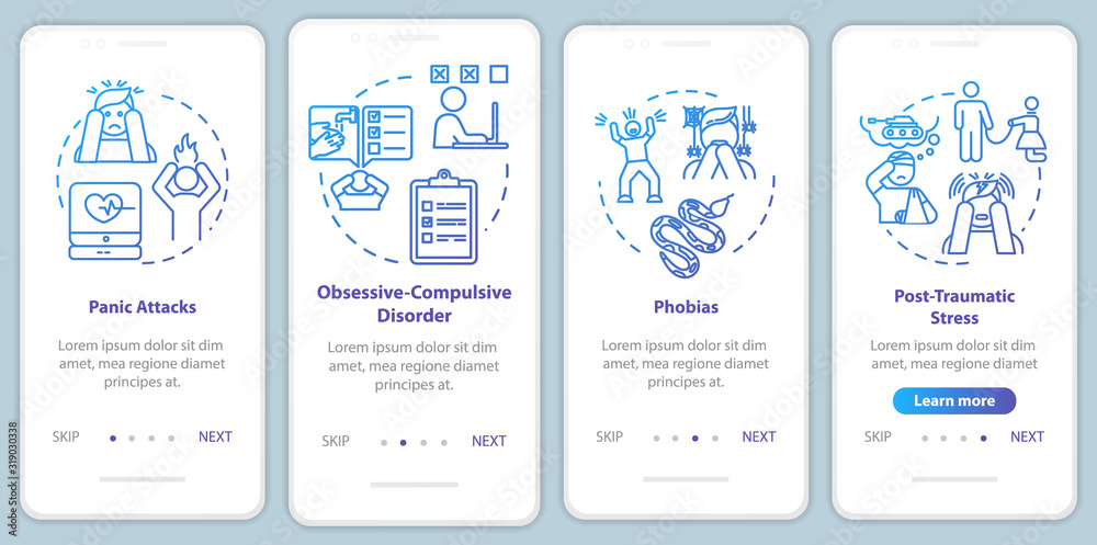 Mental disorders onboarding mobile app page screen with concepts. Psychological diseases walkthrough four steps graphic instructions. Phobias. UI vector template with RGB color illustrations