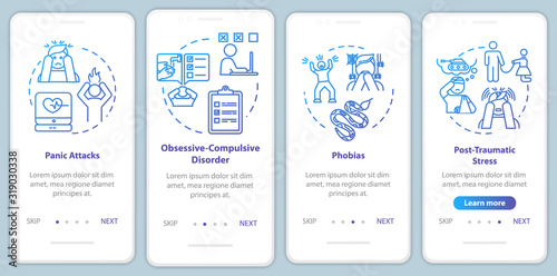Mental disorders onboarding mobile app page screen with concepts. Psychological diseases walkthrough four steps graphic instructions. Phobias. UI vector template with RGB color illustrations