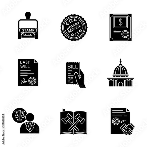 Notary services black glyph icons set on white space. Apostille and legalization. Stock certificate. Supreme court. Legal code. Will. Lawyer. Contract. Silhouette symbols. Vector isolated illustration