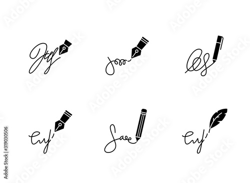 Signatures Apostille and legalization. Handwriting. Autograph. Proof of identity, consent. Notary services. black glyph icons set on white space. Silhouette symbols. Vector isolated illustration