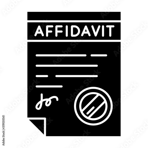 Confirmed affidavit black glyph icon. Signed notarized document. Apostille and legalization. Declaration. Legal paper. Notary services. Silhouette symbol on white space. Vector isolated illustration
