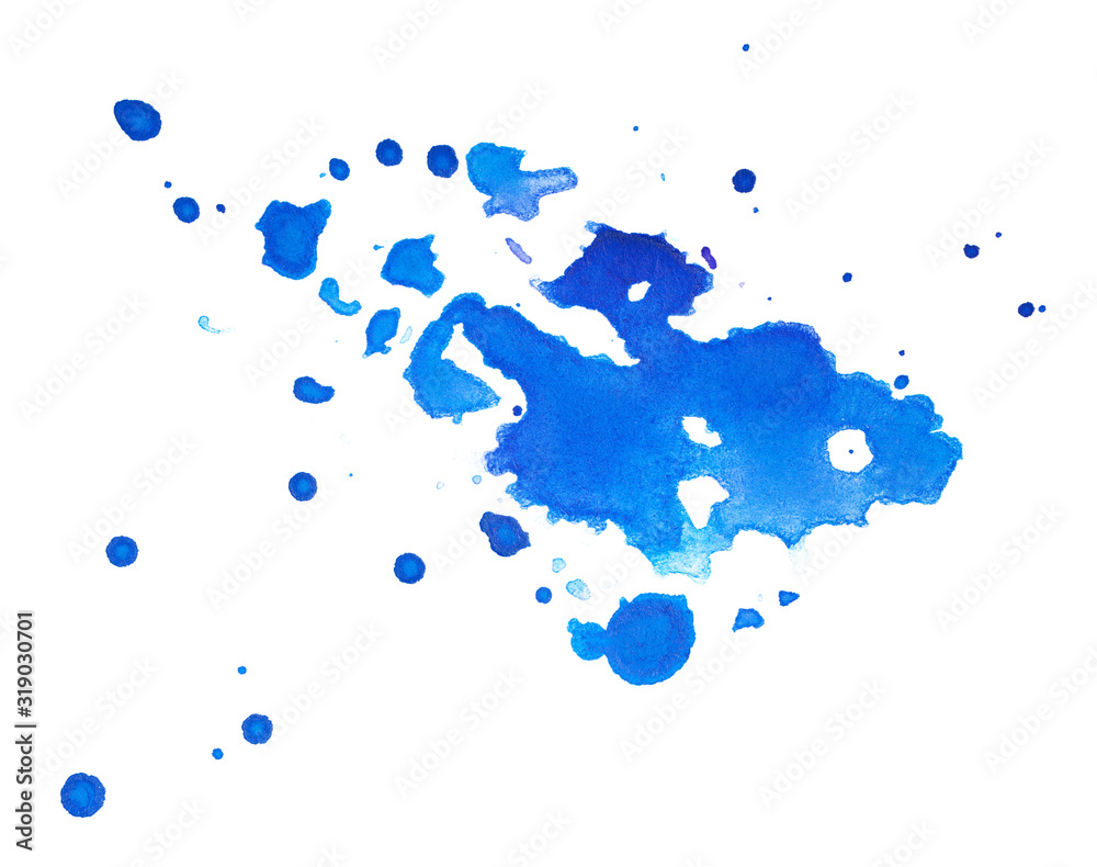 Watercolor stain blue drops of paint splashes, small splashes, abstract with texture on a white background isolated.