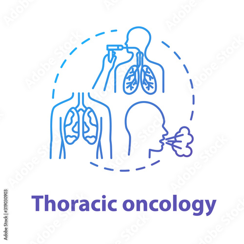 Thoracic oncology concept icon. Lung airways inflammatory disease. Asthma, tuberculosis. Pulmonology idea thin line illustration. Vector isolated outline RGB color drawing