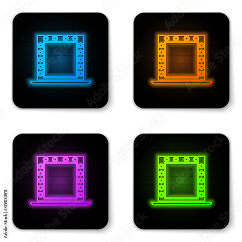 Glowing neon Makeup mirror with lights icon isolated on white background. Black square button. Vector Illustration