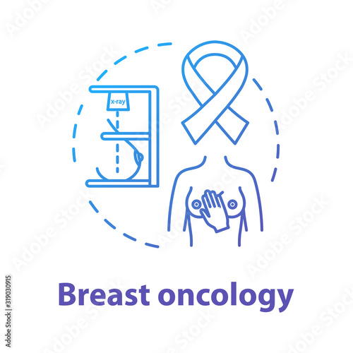 Breast oncology concept icon. Cancer diagnosis, treatment, awareness ribbon. Female disease. Women health idea thin line illustration. Vector isolated outline RGB color drawing