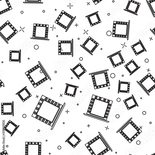 Black line Makeup mirror with lights icon isolated seamless pattern on white background. Vector Illustration