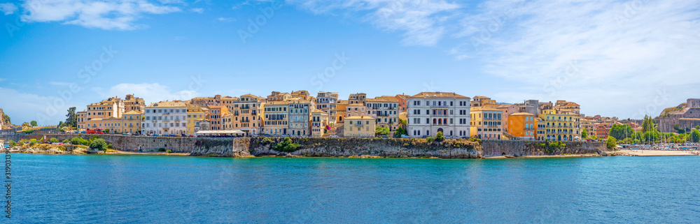 Panorama of Corfu town from the sea. Old town buildings of Kerkyra island