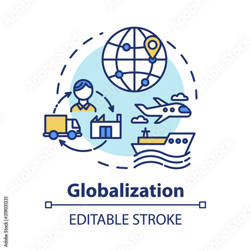 Globalization concept icon. International economy. Global distribution. Market expansion. Worldwide commerce idea thin line illustration. Vector isolated outline RGB color drawing. Editable stroke