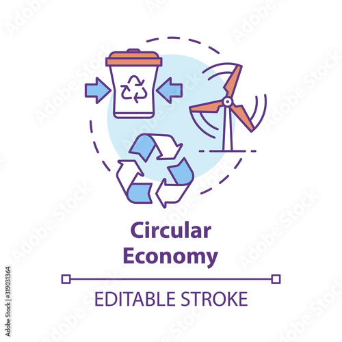 Circular economy concept icon. Infinite industrial loop. Sustainability and recycling. Market development idea thin line illustration. Vector isolated outline RGB color drawing. Editable stroke