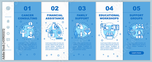 Oncology help onboarding vector template. Cancer counseling. Illness treatment. Financial assistance. Responsive mobile website with icons. Webpage walkthrough step screens. RGB color concept