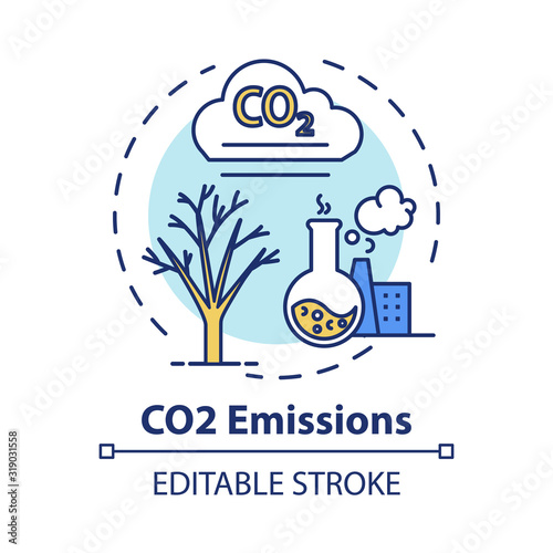 CO2 emission concept icon. Facility and factory production. Chemical pollution. Overconsumption idea thin line illustration. Vector isolated outline RGB color drawing. Editable stroke