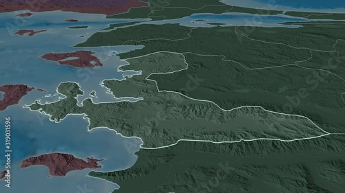 Izmir, province with its capital, zoomed and extruded on the administrative map of Turkey in the conformal Stereographic projection. Animation 3D photo