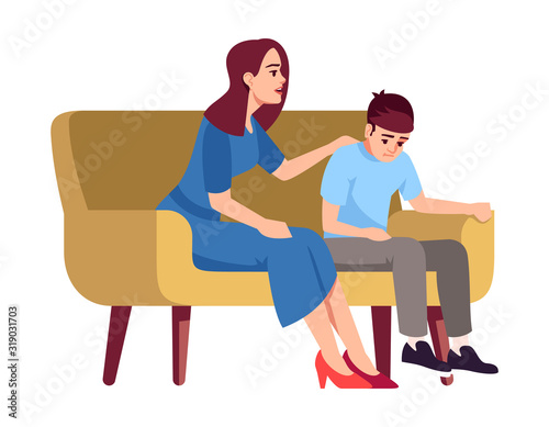 Mother and son on sofa semi flat RGB color vector illustration. Woman with boy on couch. Family conversation. Transitional age. Psychology consultation. Isolated cartoon character on white background photo