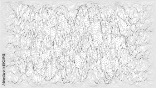 Trendy ultra thin striped backdrop with wave distortion lines. Abstract noise landscape. Procedural ripple background.