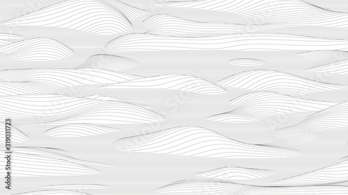 Trendy ultra thin striped backdrop with wave distortion lines. Abstract noise landscape. Procedural ripple background.