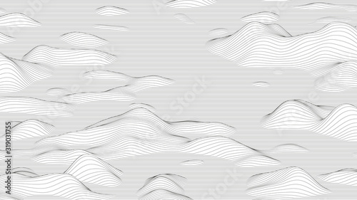 Trendy ultra thin striped backdrop with wave distortion lines. Abstract noise landscape. Procedural ripple background.