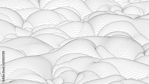 Trendy ultra thin striped backdrop with wave distortion lines. Abstract noise landscape. Procedural ripple background.