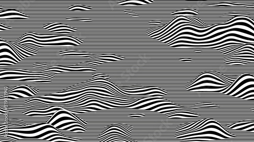 Trendy 3D black and white stripes distorted backdrop. Abstract noise landscape. Procedural ripple background with optical illusion effect.