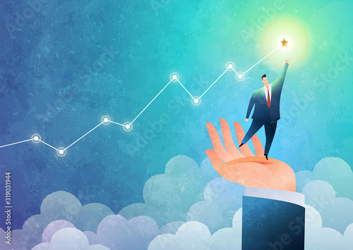 Helping hand concept. Businessman standing on the hand reaching for the goal. Business vector illustration.