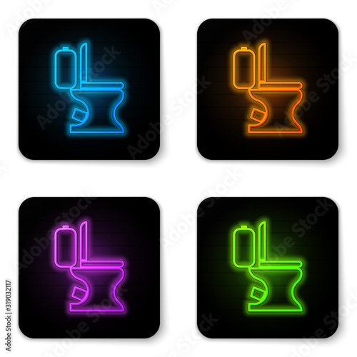 Glowing neon Toilet bowl icon isolated on white background. Black square button. Vector Illustration