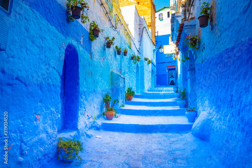 Chefchaouen, a city with blue painted houses and narrow, beautiful, blue streets, Morocco, Africa © gatsi