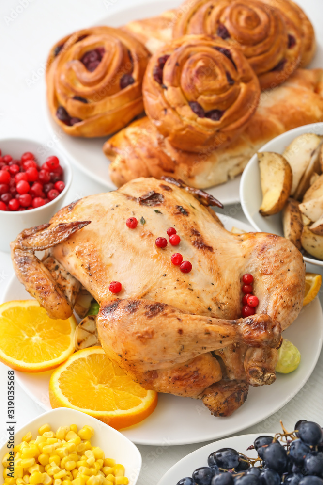Tasty Baked Turkey And Different Food For Thanksgiving Day On Table tasty-baked-turkey-and-different-food-for-thanksgiving-day-on-table